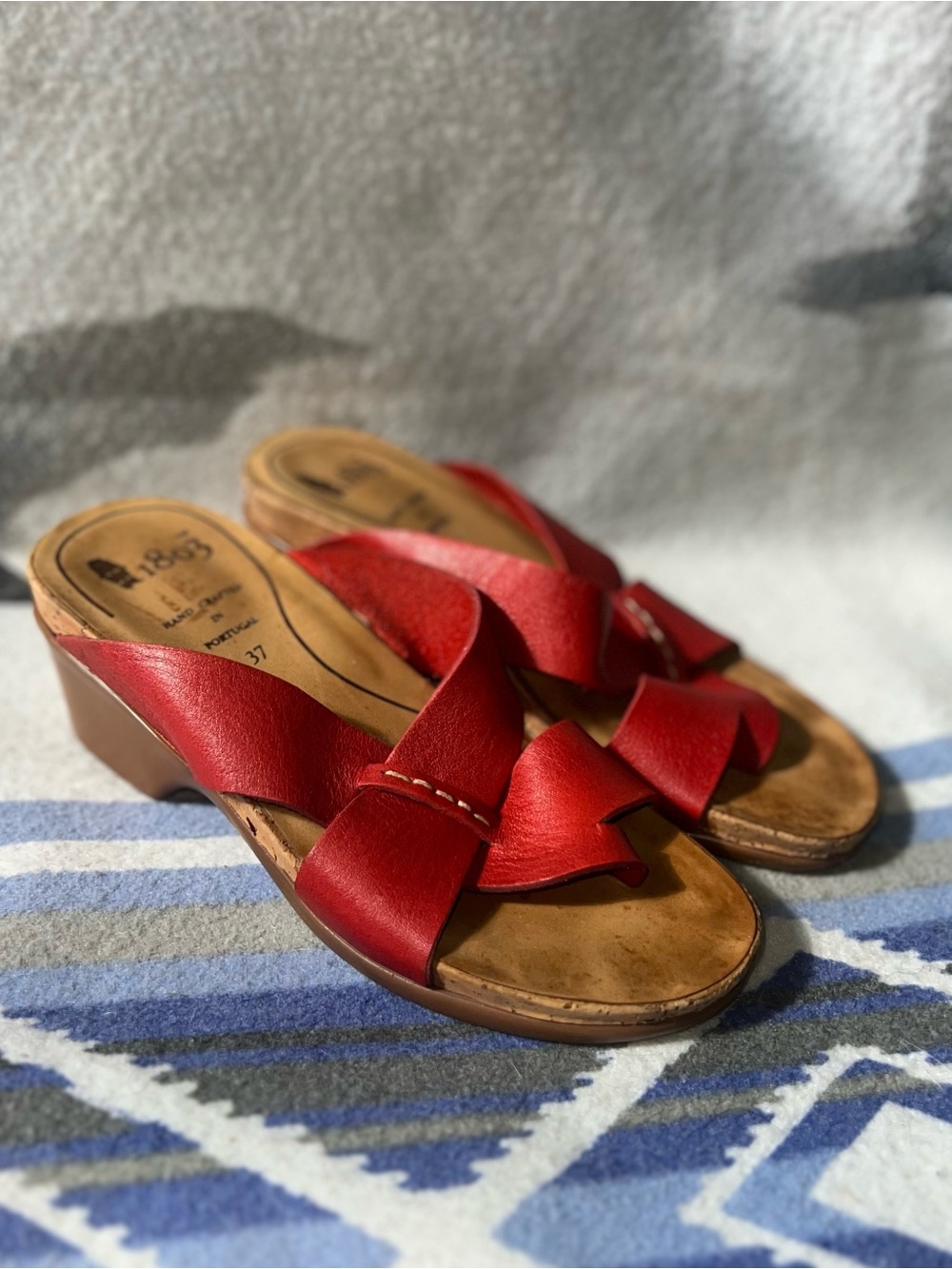 1803 Handmade Red Leather Cork Wedge Sandals | Size EU 37 | Made in Portugal